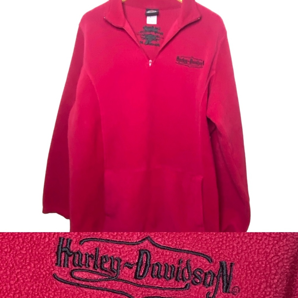 🏍️ - Harley Davidson Red fleece quarter zip pullover with kangaroo front pock…